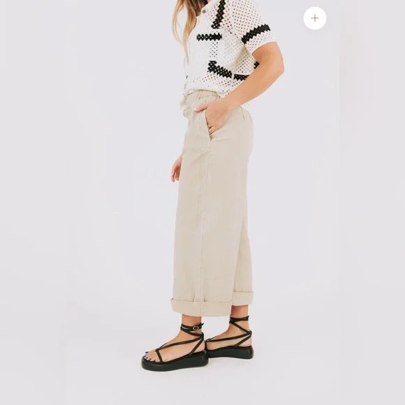 NWT $98 Free People After Love Roll Cuff Wide Leg Pants Sandshell Size Medium - Picture 3 of 13